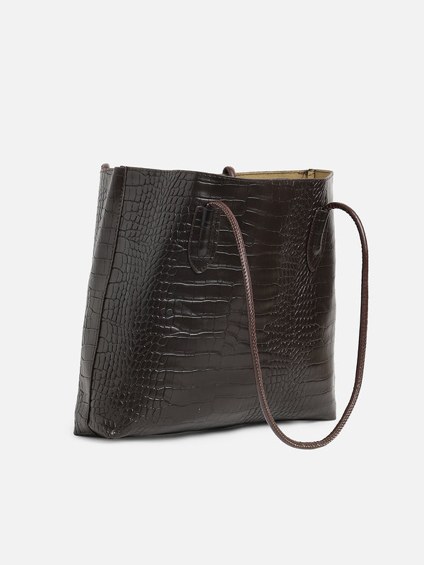 Black Textured Vegan Leather Tote Bag With Pouch Set