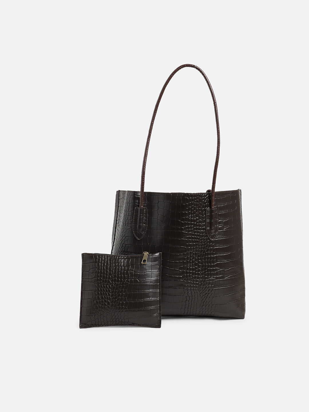 Black Textured Vegan Leather Tote Bag With Pouch Set