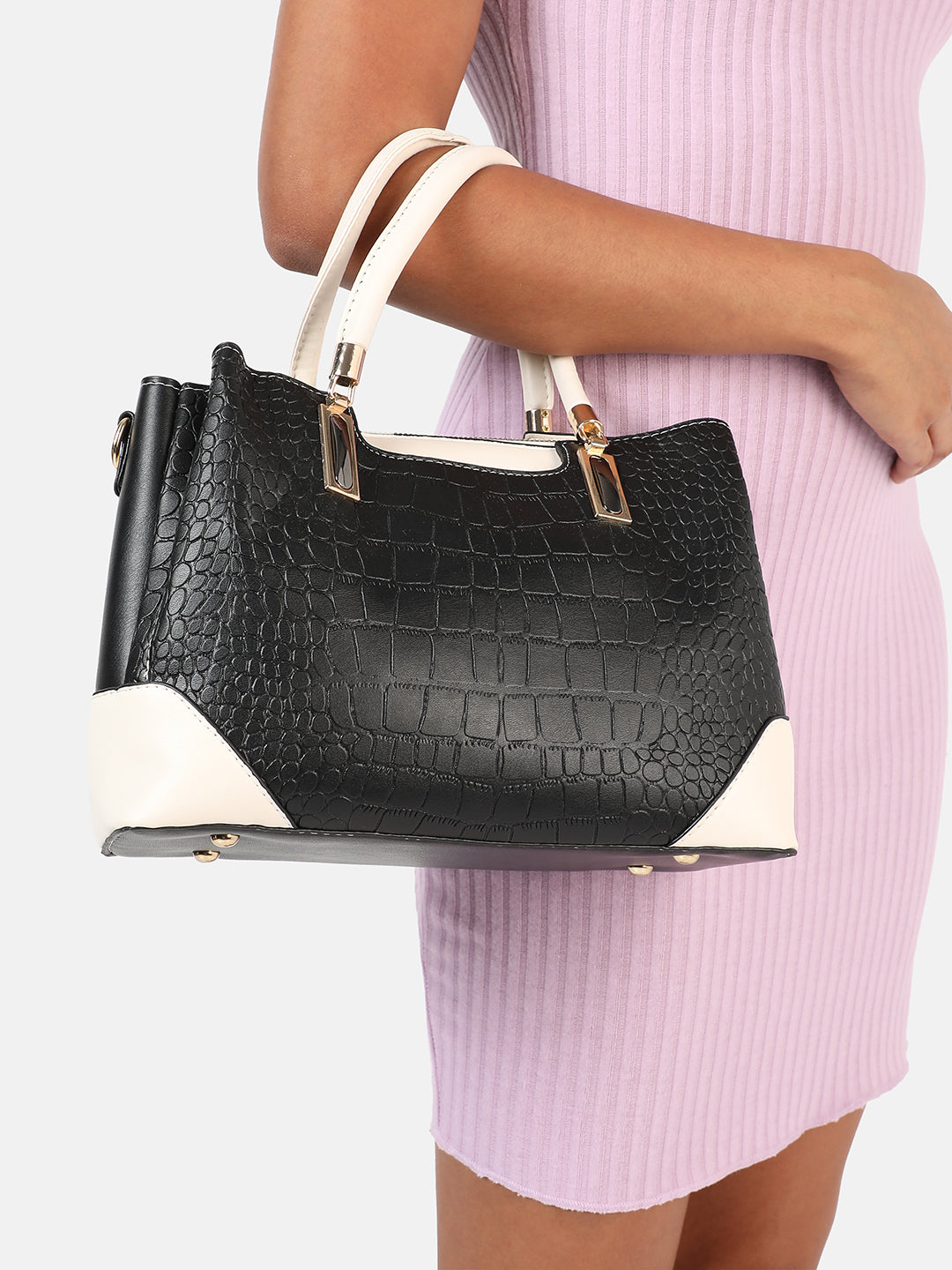 Black Colourblocked Vegan Leather Handbag