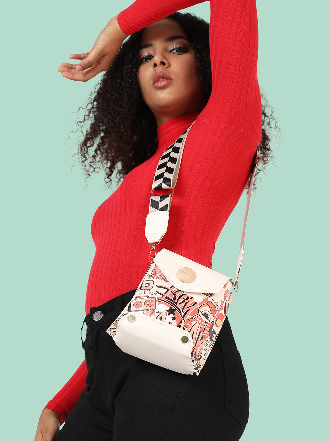 White Printed Vegan Leather Sling Bag