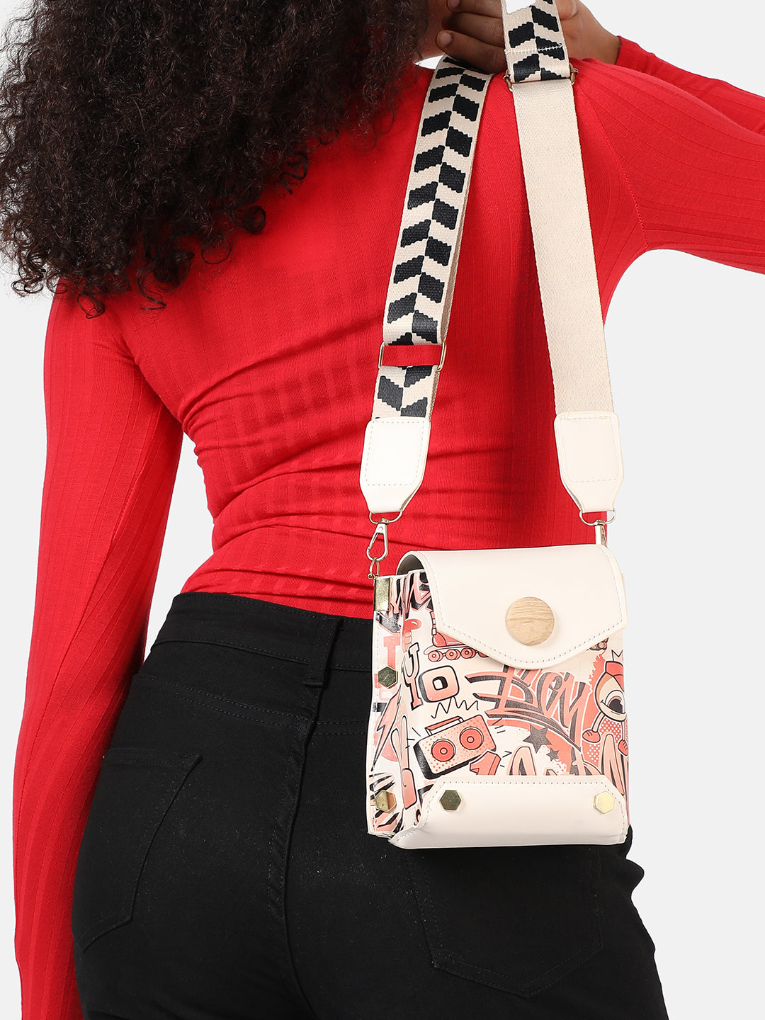 White Printed Vegan Leather Sling Bag