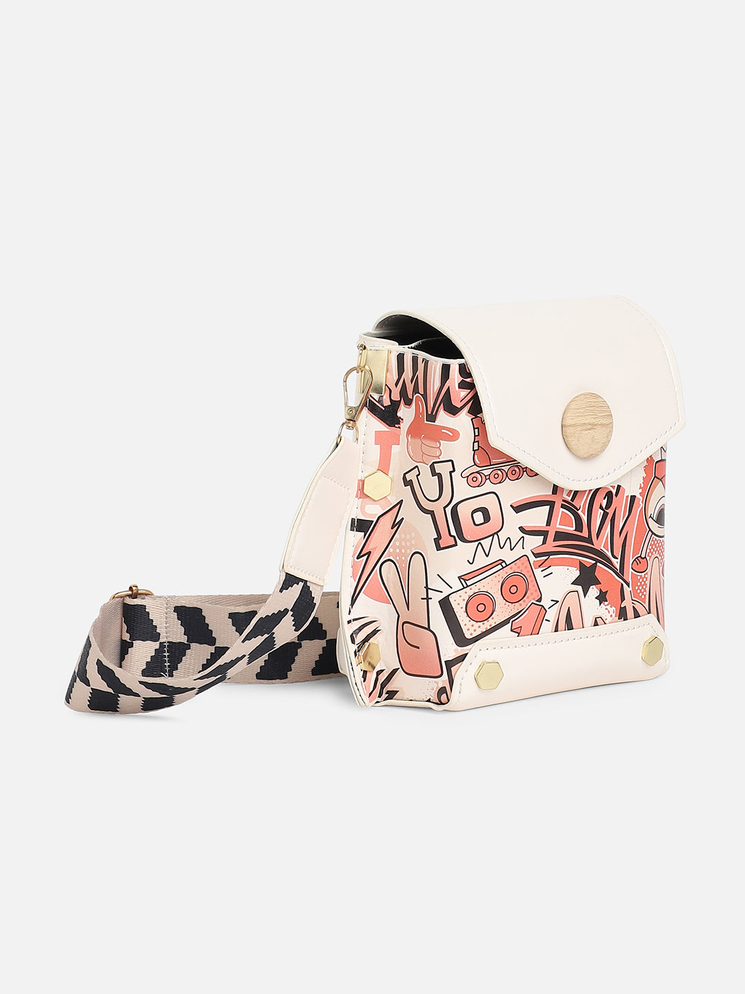 White Printed Vegan Leather Sling Bag