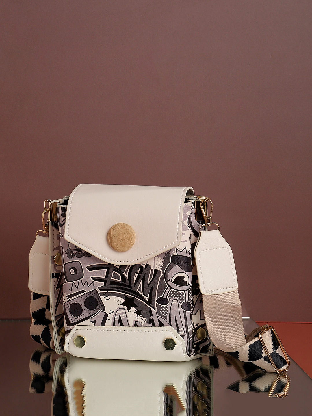 White Printed Vegan Leather Sling Bag