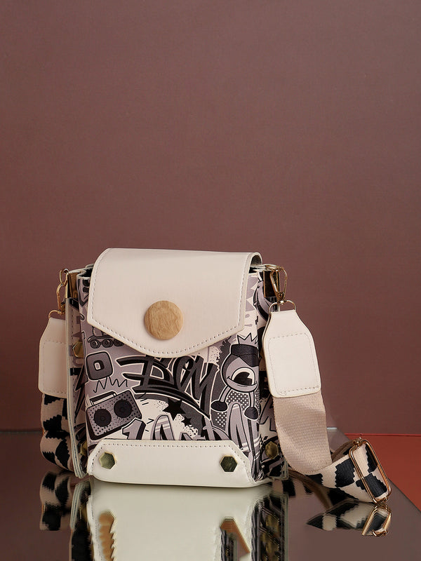White Printed Vegan Leather Sling Bag