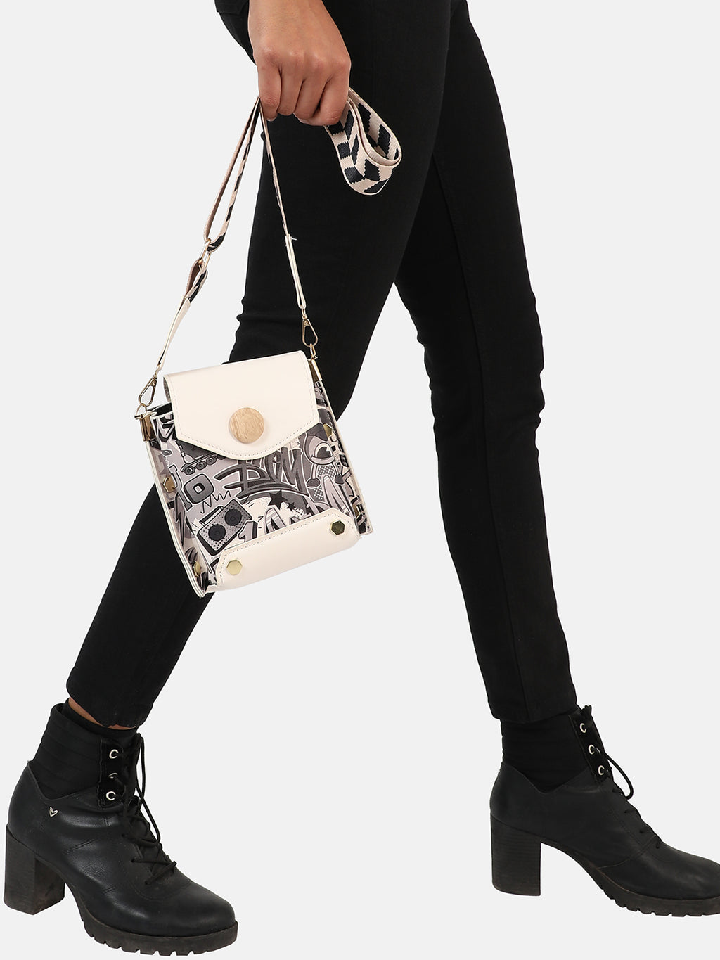 White Printed Vegan Leather Sling Bag