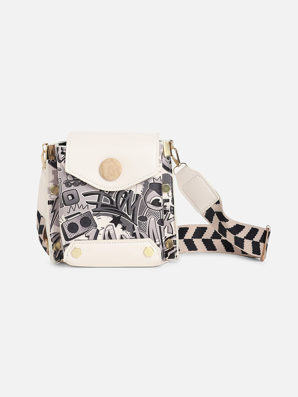 White Printed Vegan Leather Sling Bag