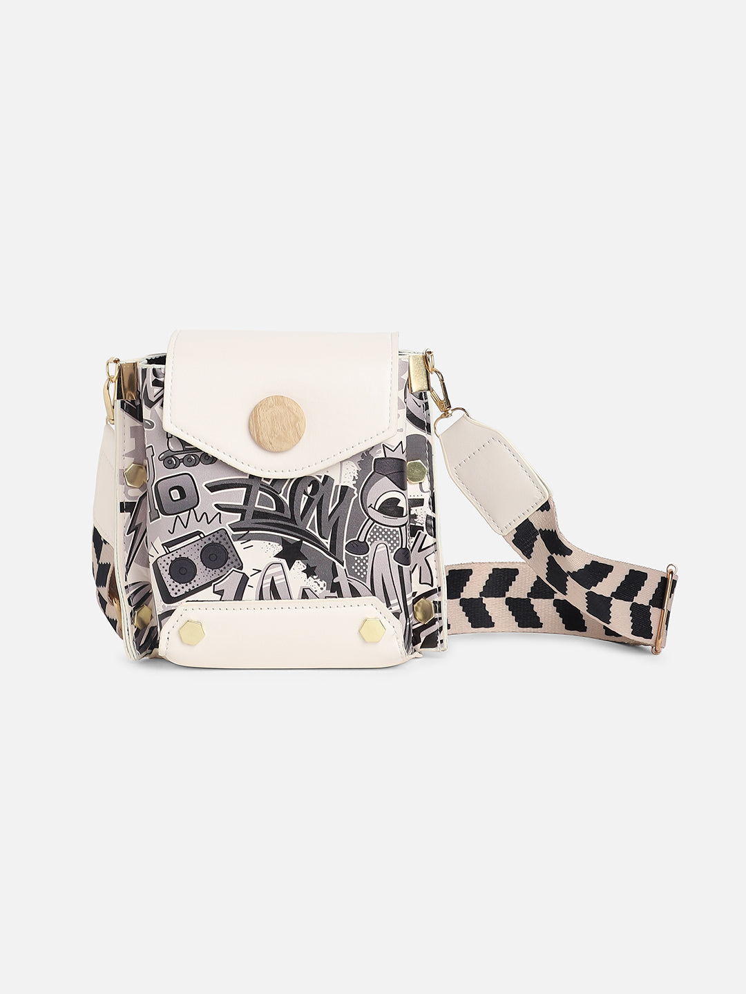 White Printed Vegan Leather Sling Bag