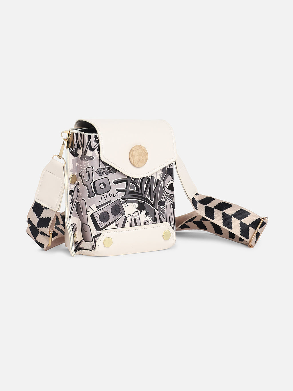 White Printed Vegan Leather Sling Bag