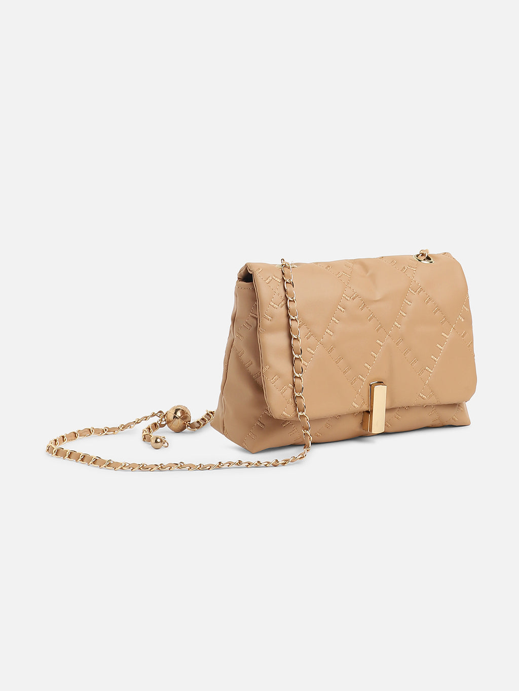 Beige Quilted Vegan Leather Sling Bag