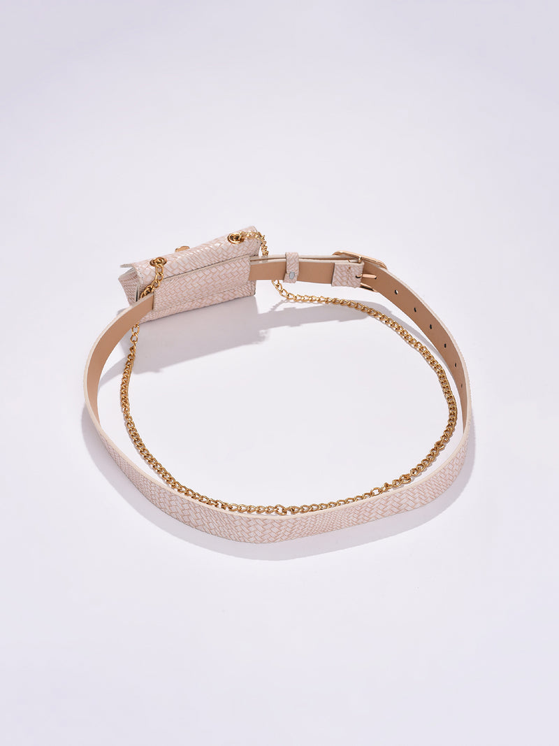 TEXTURED CREAM BELT WITH DETACHABLE POUCH BAG AND GOLDEN CHAIN