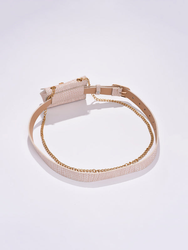 TEXTURED CREAM BELT WITH DETACHABLE POUCH BAG AND GOLDEN CHAIN