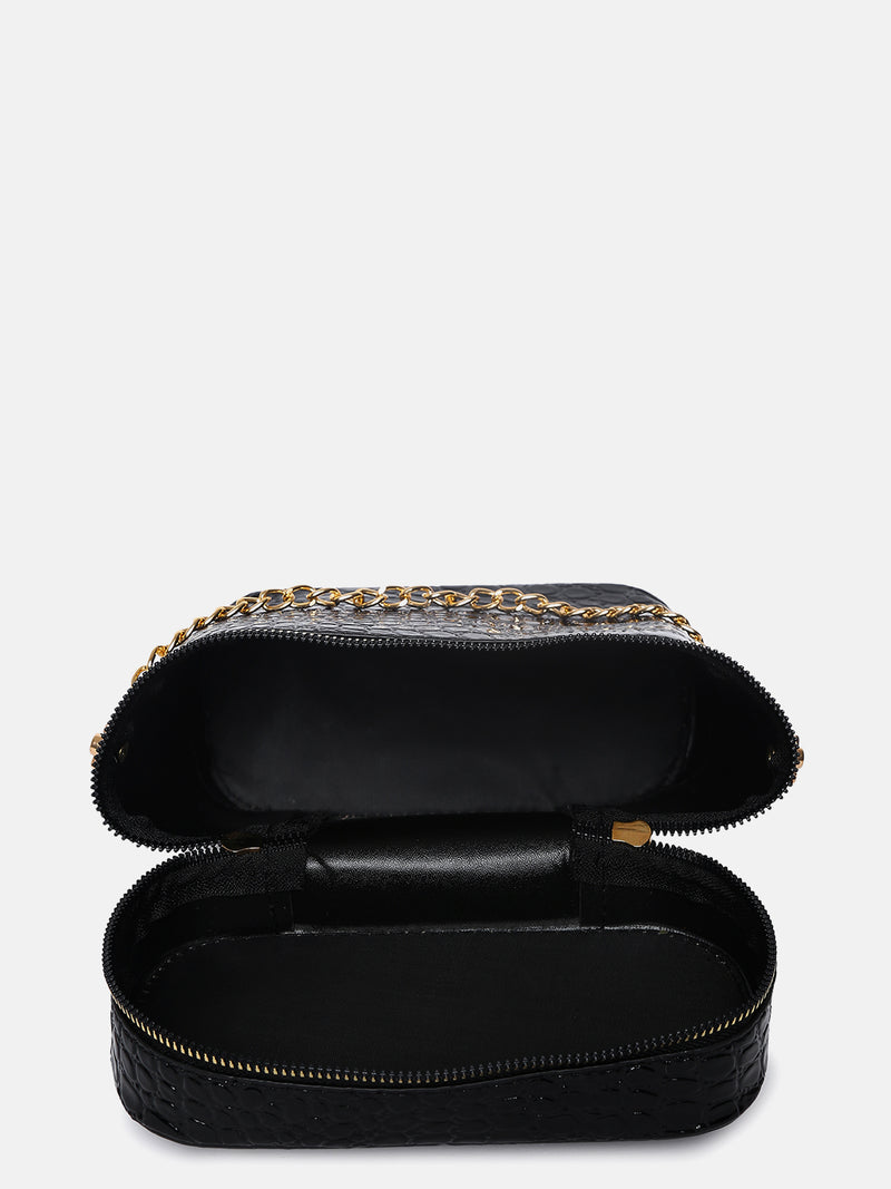 BLACK TEXTURED VEGAN LEATHER STRUCTURED SHOULDER BAG WITH QUILTED
