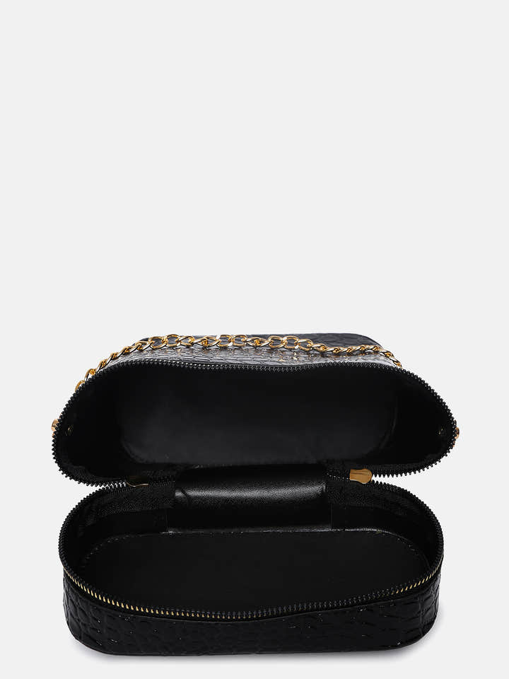 BLACK TEXTURED VEGAN LEATHER STRUCTURED SHOULDER BAG WITH QUILTED