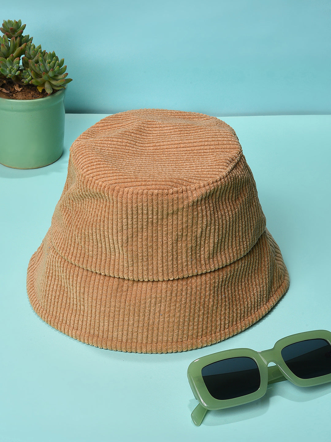 Beige Solid Corduroy Bucket Hat