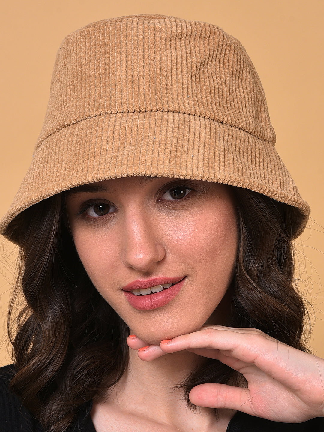 Beige Solid Corduroy Bucket Hat