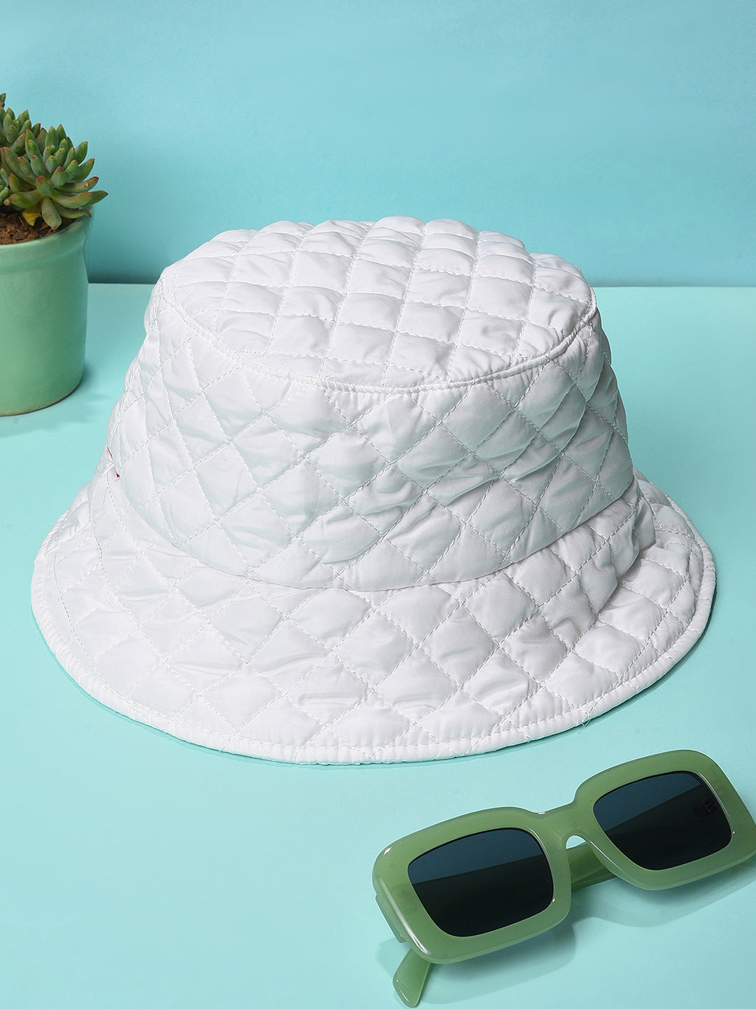 White Solid Quilted Bucket Hat
