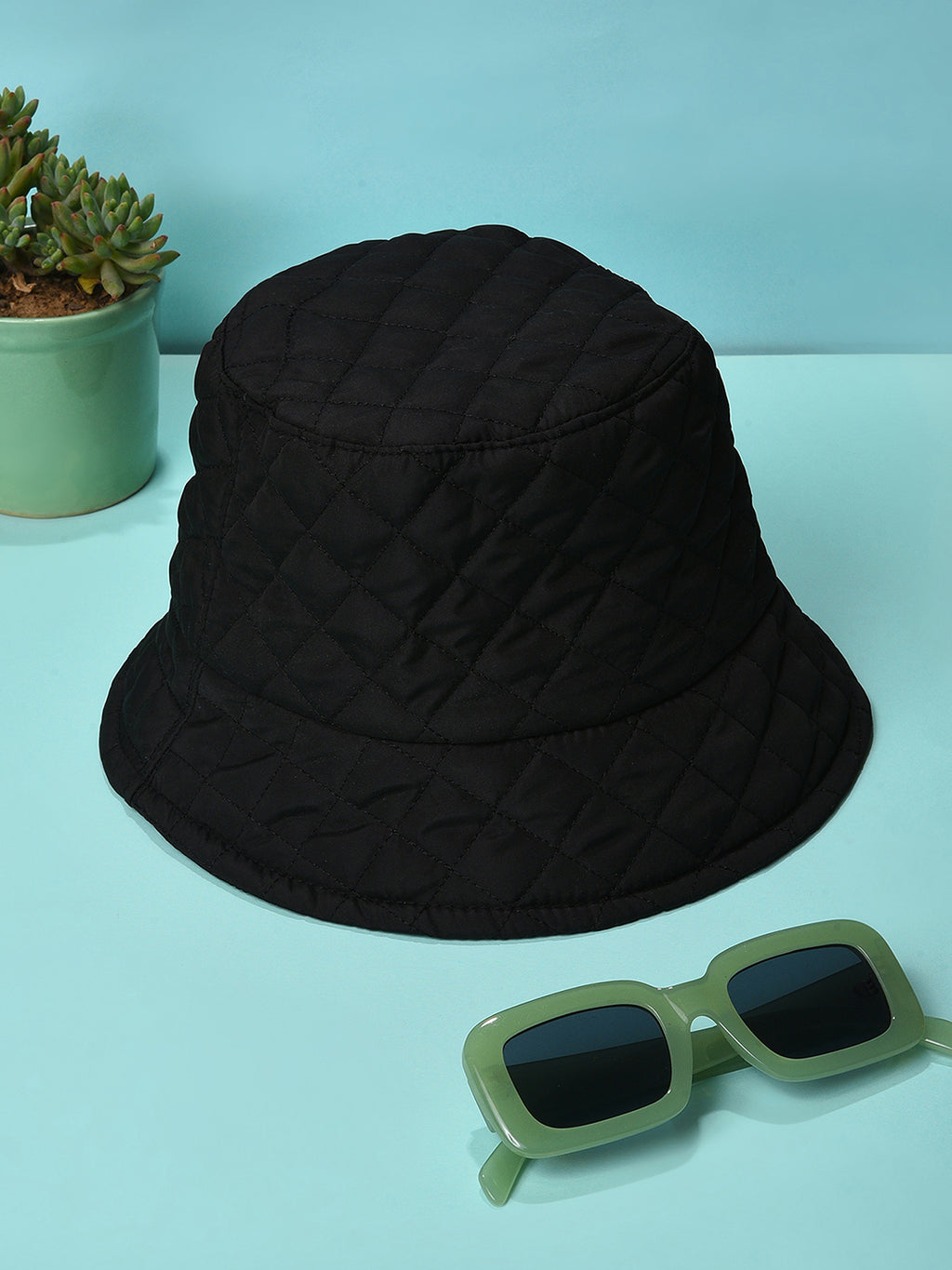 Black Solid Quilted Bucket Hat