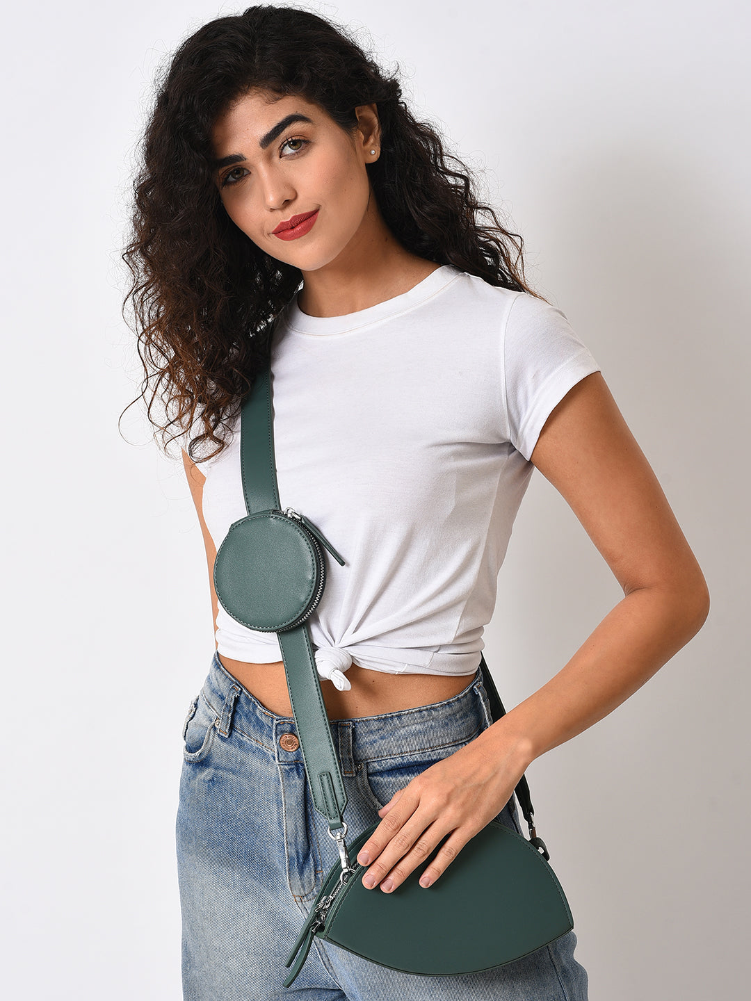 Green Vegan Leather Structured Sling Bag With Tasselled