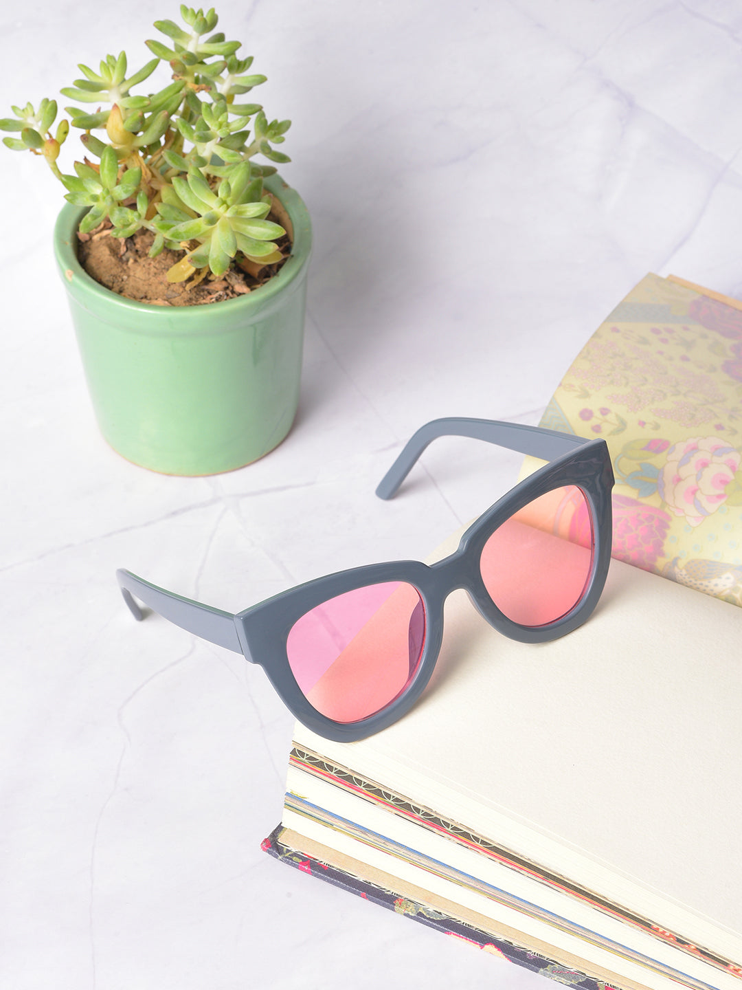 Pink Lens Black Cateye Sunglasses