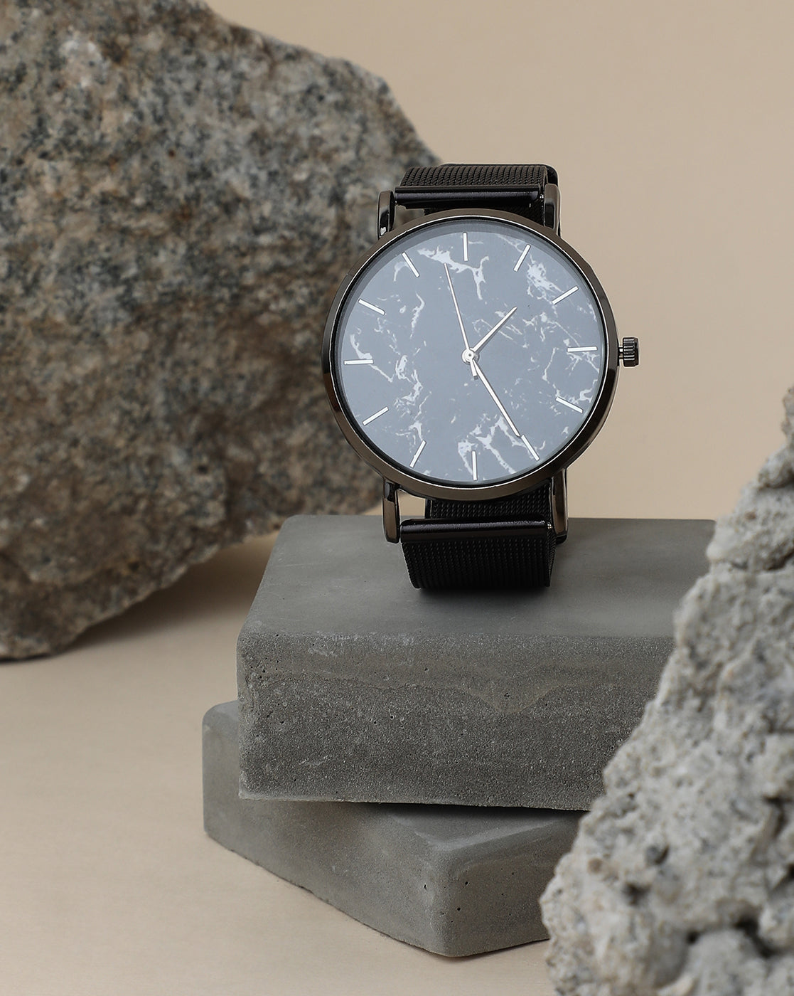 Marble Analog Round Dial With Black Leather Strap