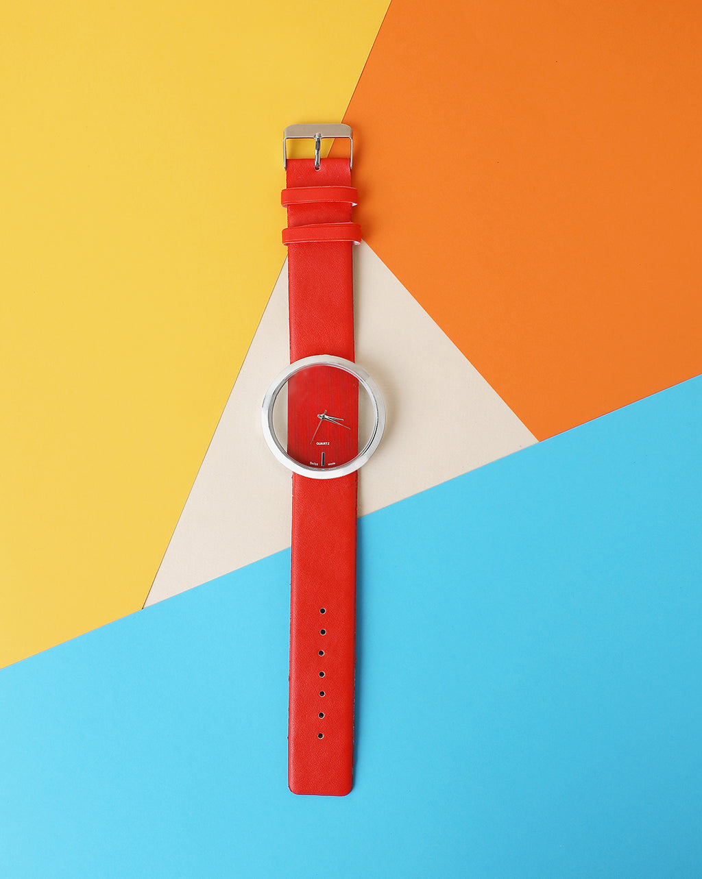 Transparent Analog Round Dial With Red Leather Strap