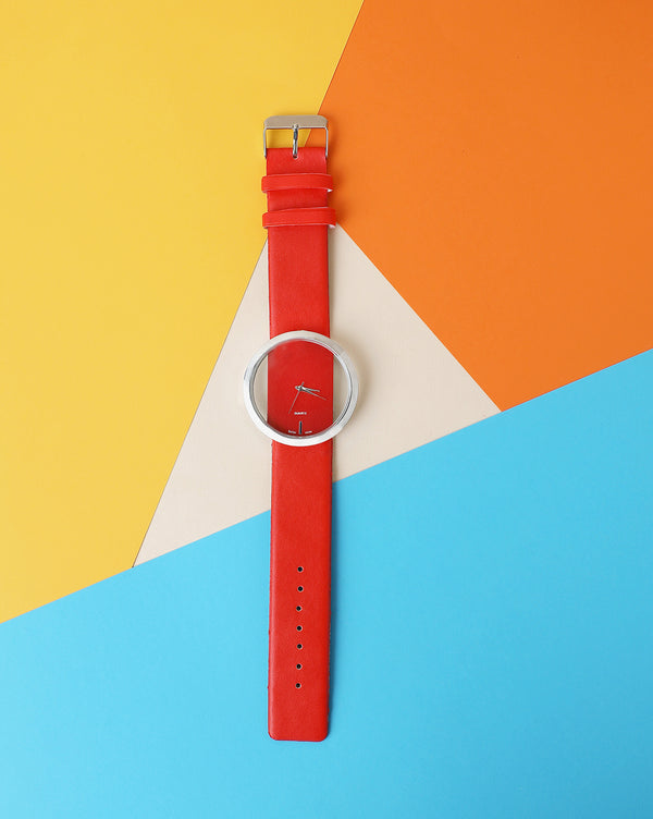 Transparent Analog Round Dial With Red Leather Strap