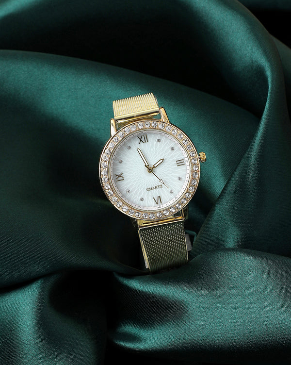 White & Gold Analog Round Dial With Crystal Stones & Gold Metal Strap