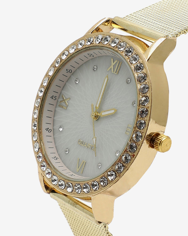 White & Gold Analog Round Dial With Crystal Stones & Gold Metal Strap