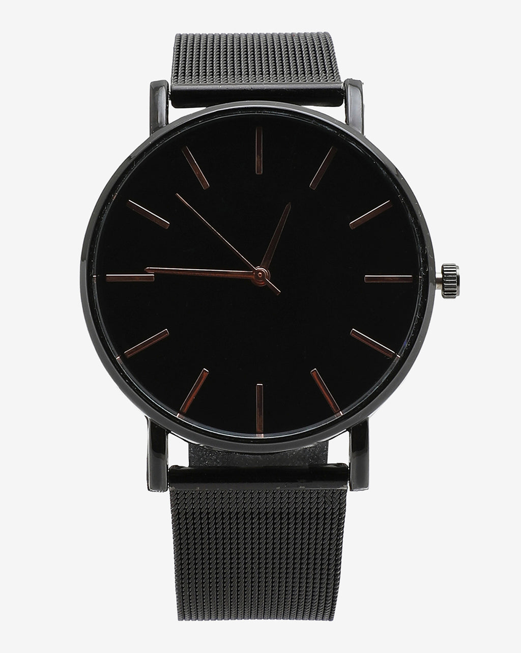 Sleek Black Analog Round Dial With Gold Hour Marker & Black Metal Strap