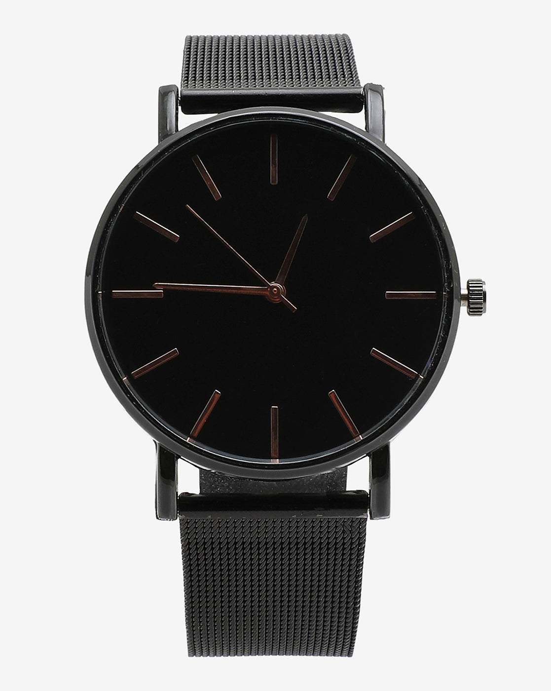 Sleek Black Analog Round Dial With Gold Hour Marker & Black Metal Strap