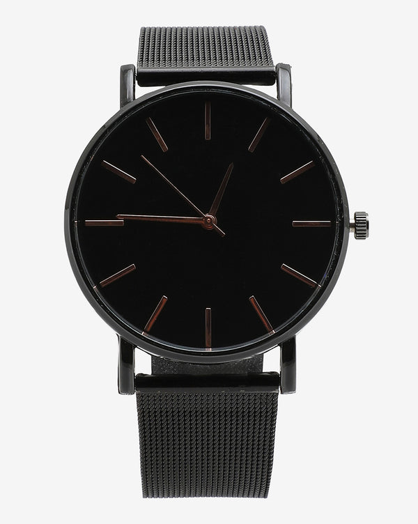 Sleek Black Analog Round Dial With Gold Hour Marker & Black Metal Strap