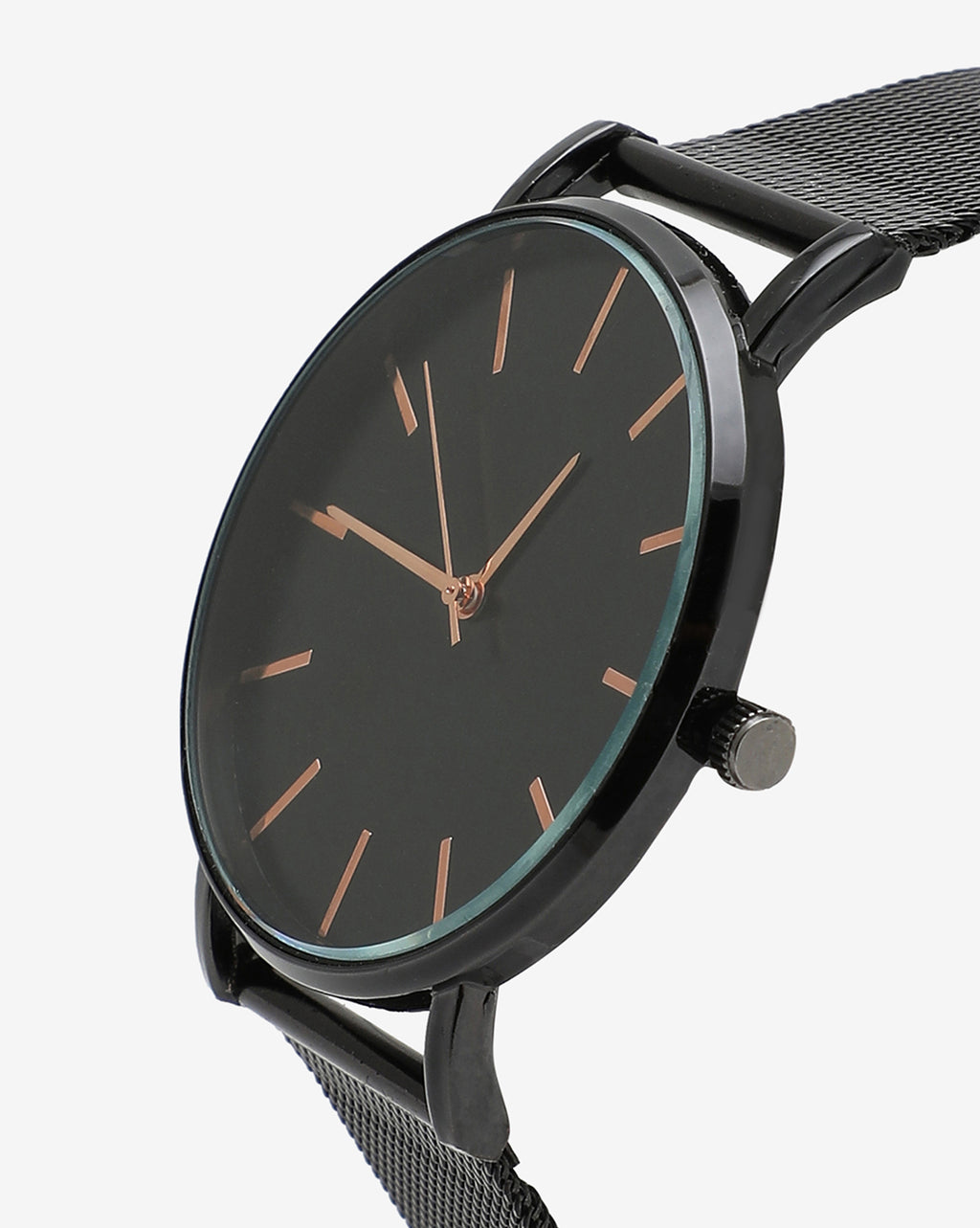 Sleek Black Analog Round Dial With Gold Hour Marker & Black Metal Strap