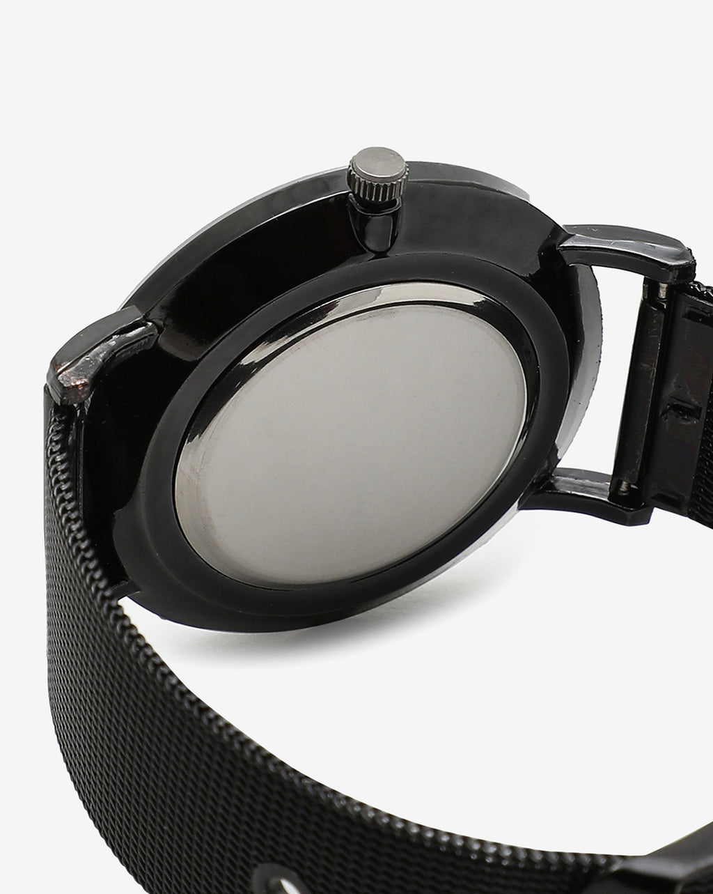 SLEEK BLACK ANALOG ROUND DIAL WITH GOLD HOUR MARKER AND BLACK METAL STRAP