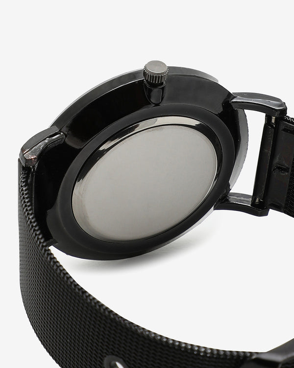 SLEEK BLACK ANALOG ROUND DIAL WITH GOLD HOUR MARKER AND BLACK METAL STRAP