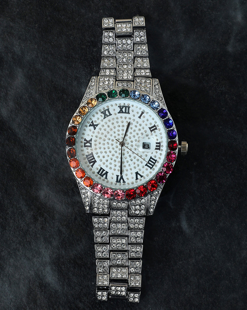 White & Colourful Stones Analog Round Dial With Crystal Stones Silver Metal Strap