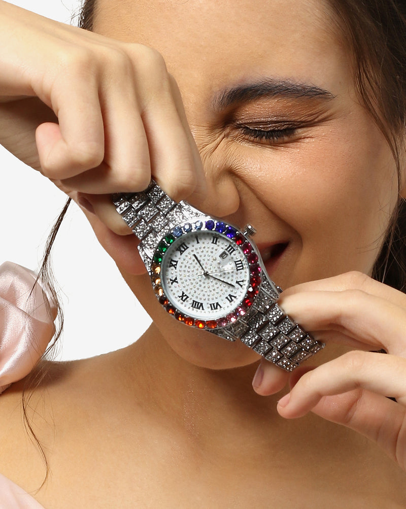 White & Colourful Stones Analog Round Dial With Crystal Stones Silver Metal Strap