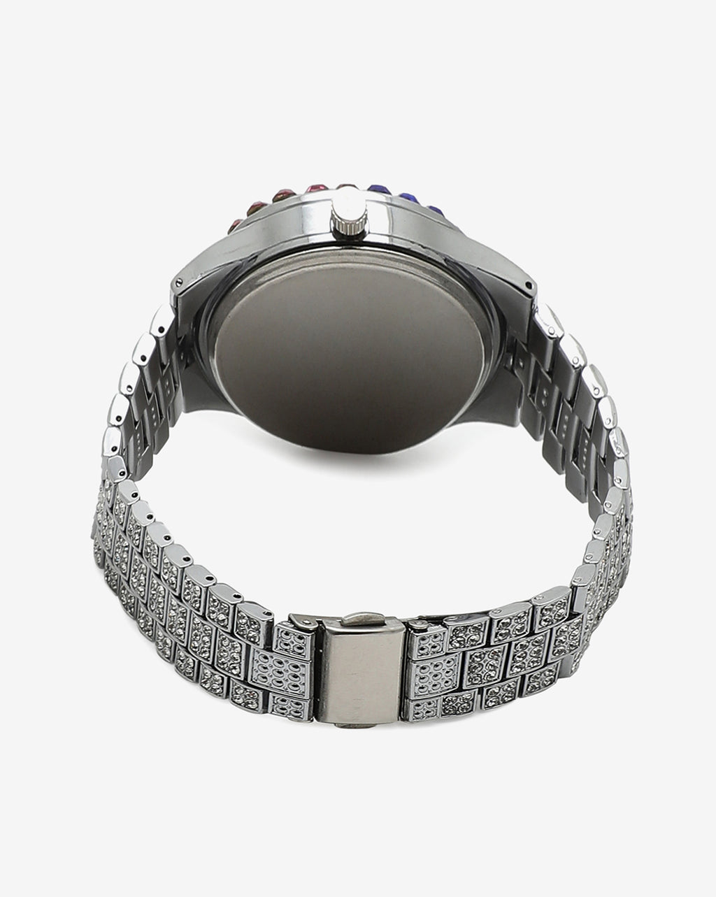 White & Colourful Stones Analog Round Dial With Crystal Stones Silver Metal Strap