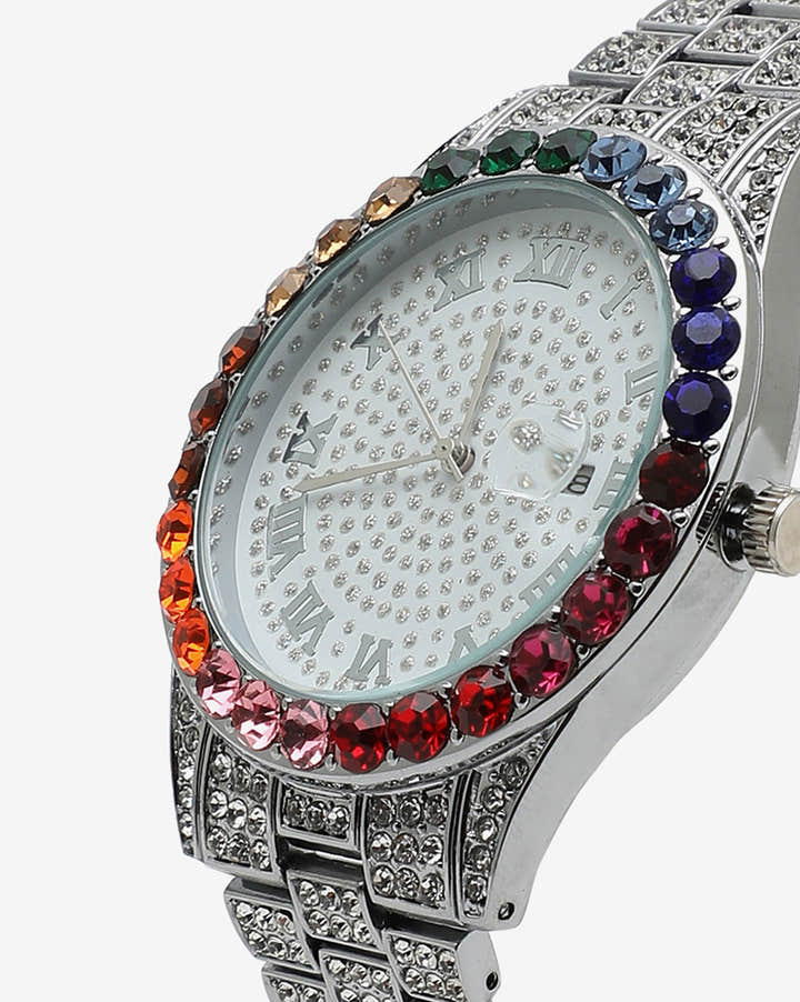 White & Colourful Stones Analog Round Dial With Crystal Stones Silver Metal Strap