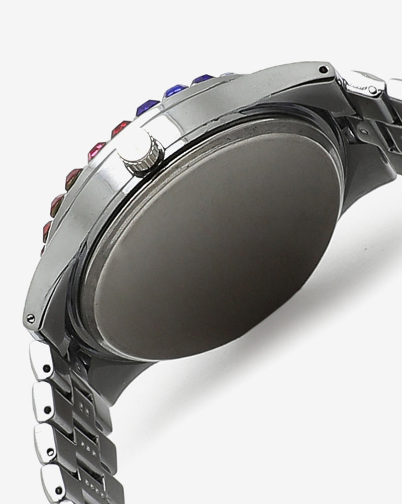WHITE AND COLOURFUL STONES ANALOG ROUND DIAL WITH CRYSTAL STONES SILVER METAL STRAP