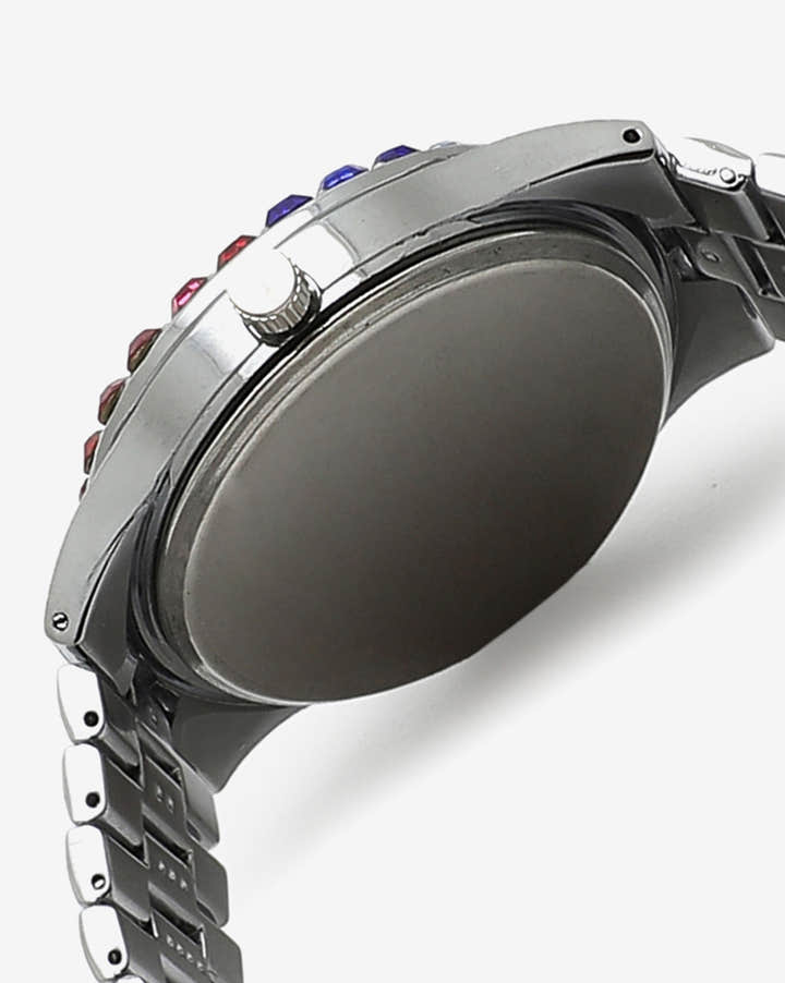 WHITE AND COLOURFUL STONES ANALOG ROUND DIAL WITH CRYSTAL STONES SILVER METAL STRAP