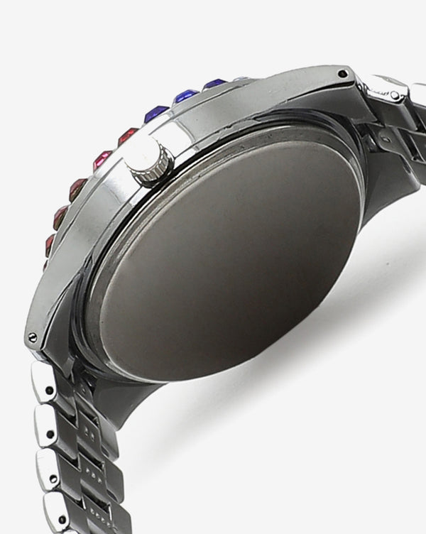 WHITE AND COLOURFUL STONES ANALOG ROUND DIAL WITH CRYSTAL STONES SILVER METAL STRAP