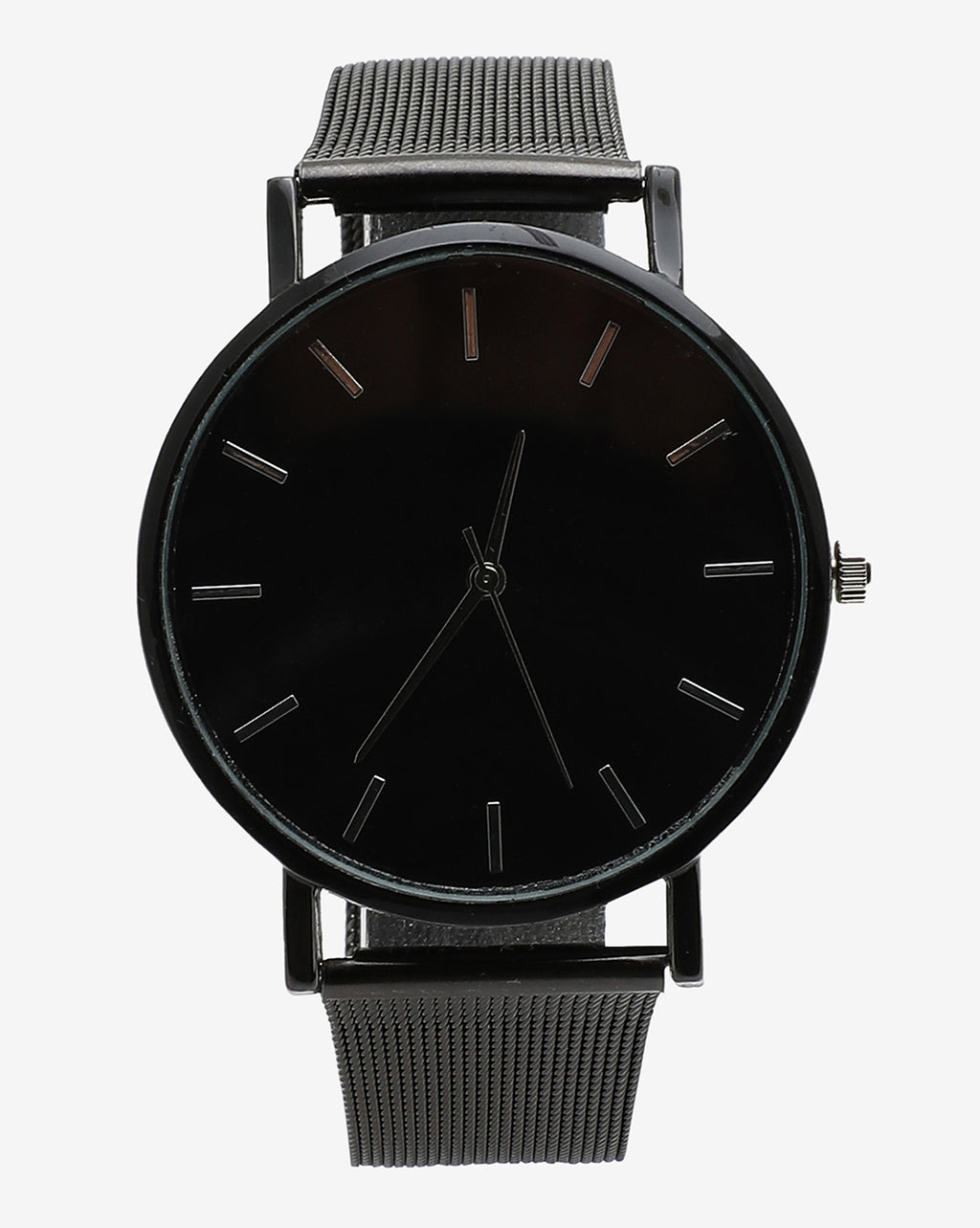 Sleek Black Analog Round Dial With Black Hour Marker & Black Metal Strap