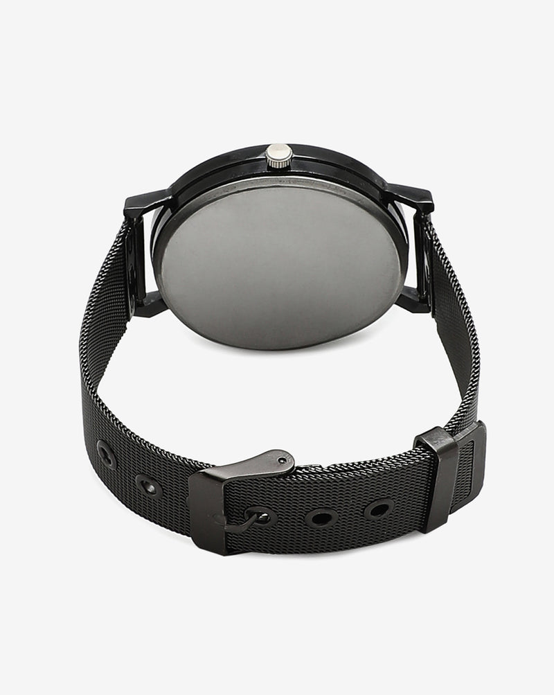 Sleek Black Analog Round Dial With Black Hour Marker & Black Metal Strap