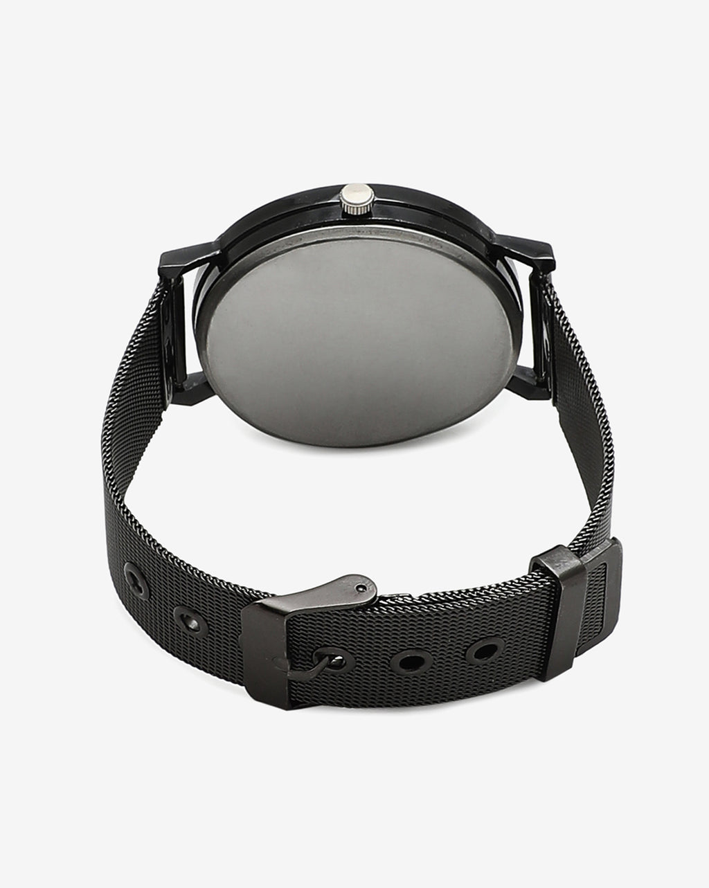Sleek Black Analog Round Dial With Black Hour Marker & Black Metal Strap