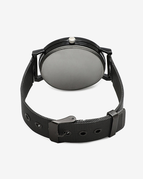 Sleek Black Analog Round Dial With Black Hour Marker & Black Metal Strap