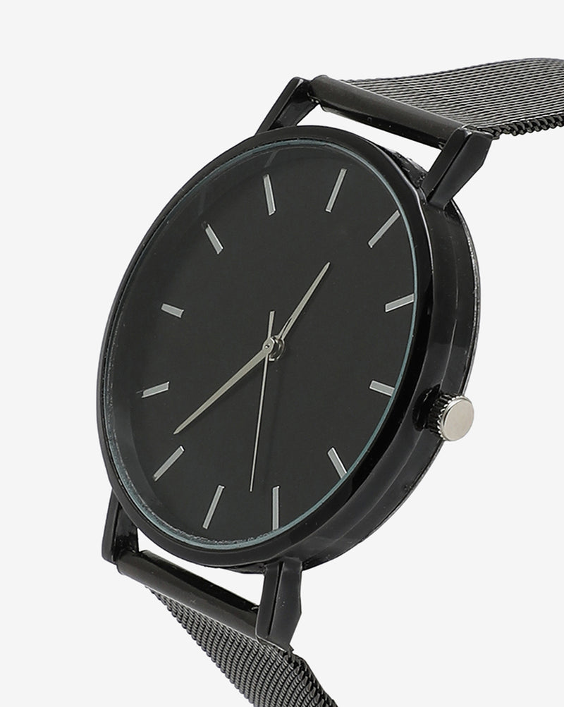 Sleek Black Analog Round Dial With Black Hour Marker & Black Metal Strap