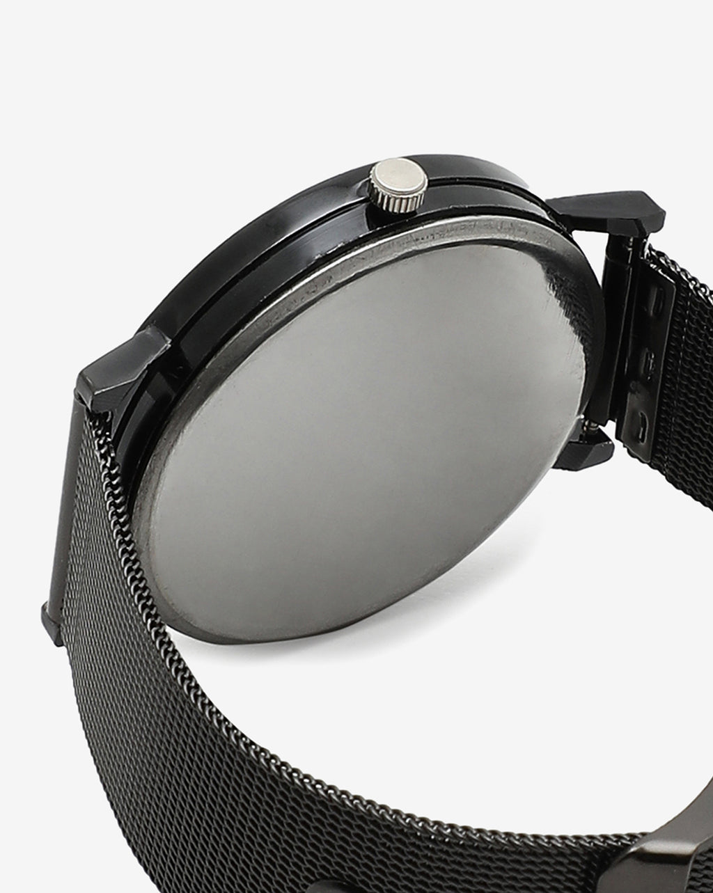 SLEEK BLACK ANALOG ROUND DIAL WITH BLACK HOUR MARKER AND BLACK METAL STRAP