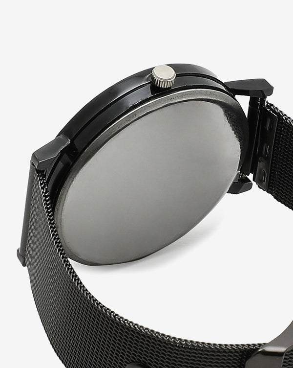 SLEEK BLACK ANALOG ROUND DIAL WITH BLACK HOUR MARKER AND BLACK METAL STRAP