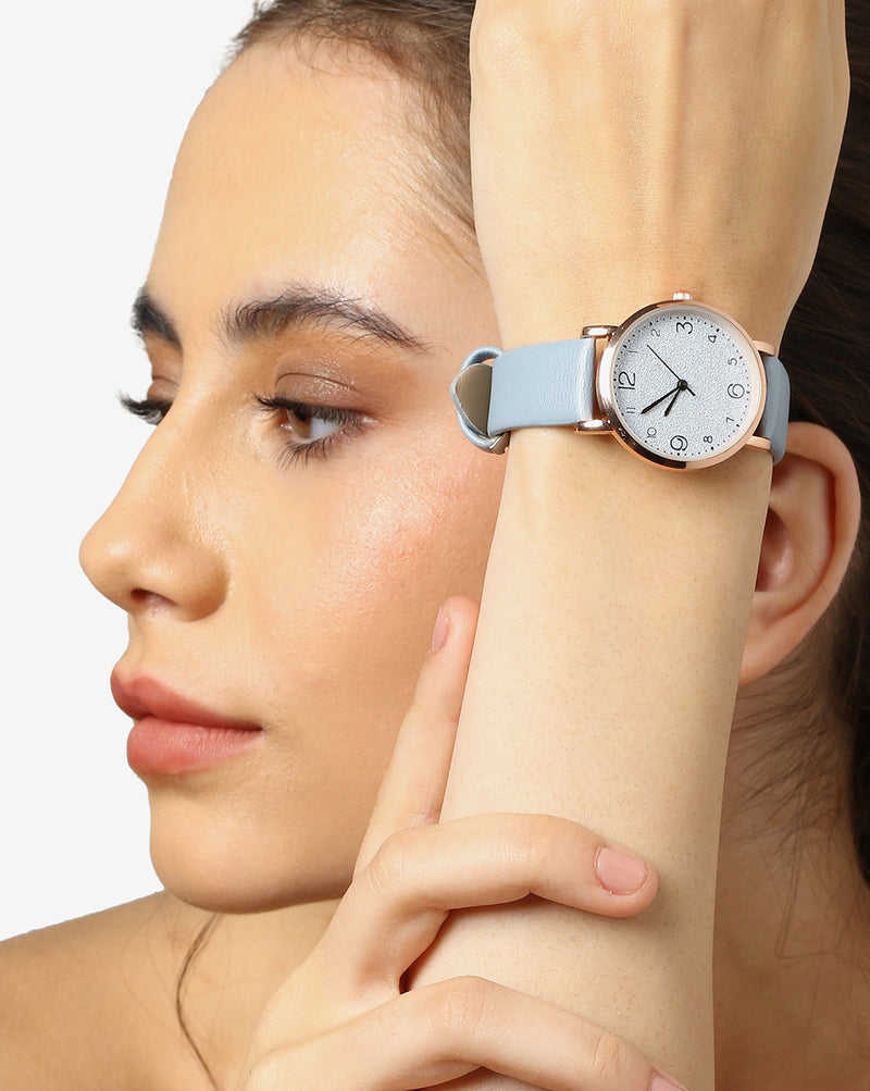 White & Bronze Analog Round Dial With Black Hour Marker & Blue Leather Strap