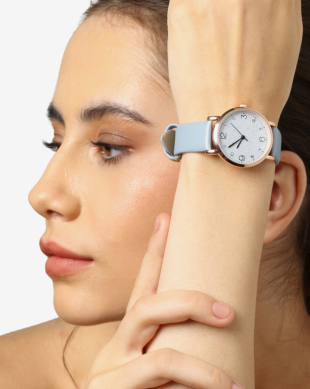 White & Bronze Analog Round Dial With Black Hour Marker & Blue Leather Strap
